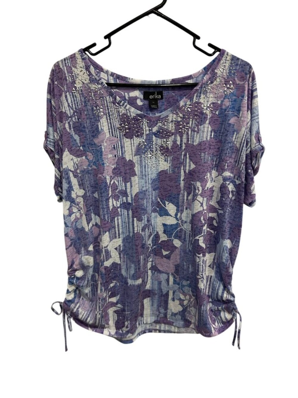 Erika XL Purple Floral Printed Studded Adjustable Side Tie Top Boho Gardencore